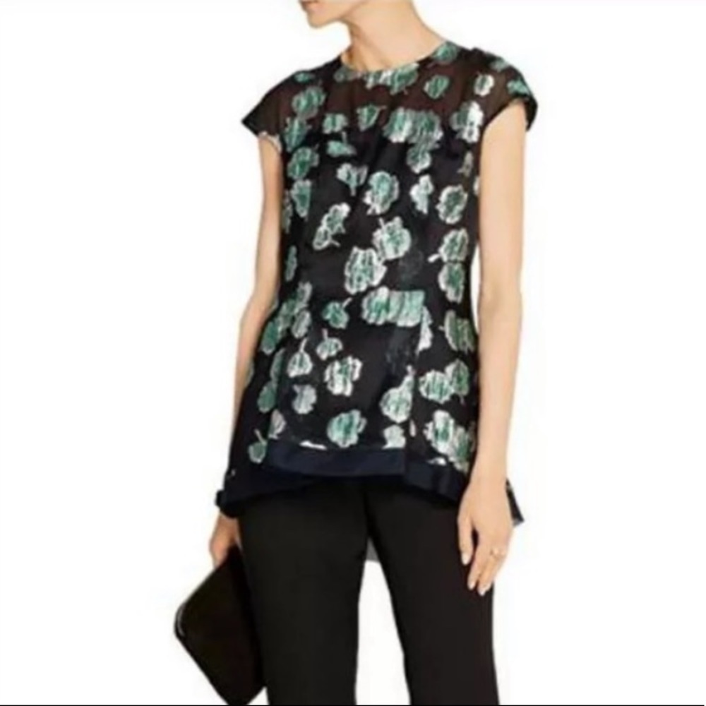 LELA ROSE | METALLIC FLORAL FIL COUPE PEPLUM TOP
